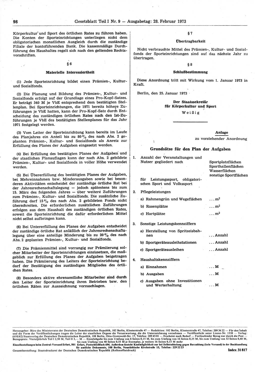 Gesetzblatt (GBl.) der Deutschen Demokratischen Republik (DDR) Teil Ⅰ 1973, Seite 98 (GBl. DDR Ⅰ 1973, S. 98)