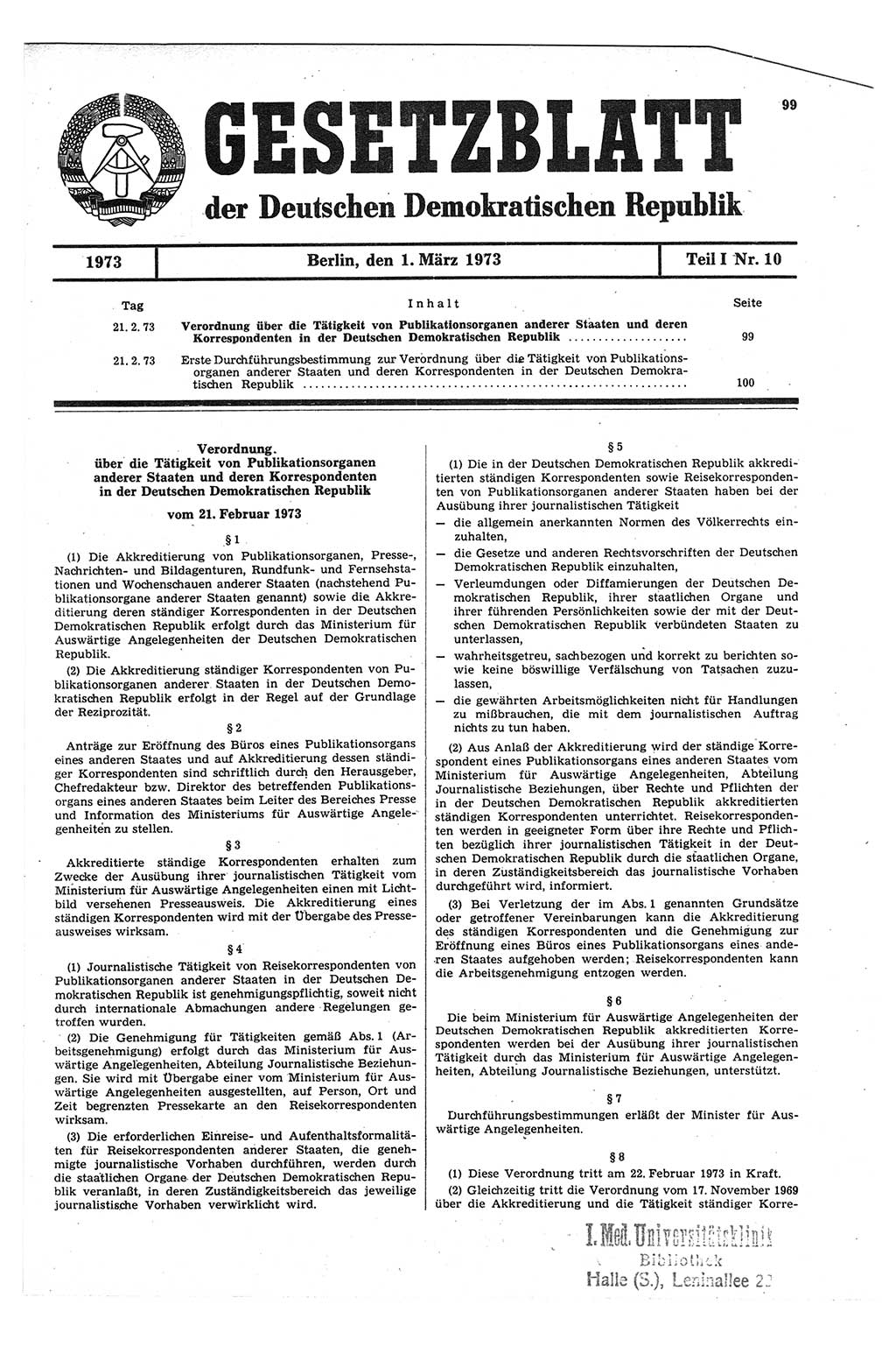 Gesetzblatt (GBl.) der Deutschen Demokratischen Republik (DDR) Teil Ⅰ 1973, Seite 99 (GBl. DDR Ⅰ 1973, S. 99)
