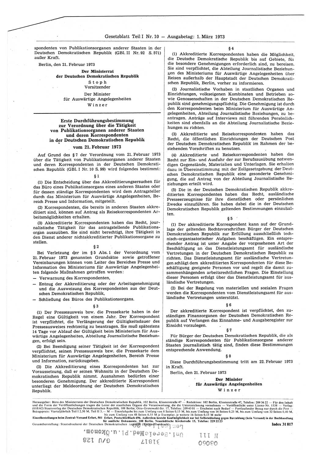 Gesetzblatt (GBl.) der Deutschen Demokratischen Republik (DDR) Teil Ⅰ 1973, Seite 100 (GBl. DDR Ⅰ 1973, S. 100)