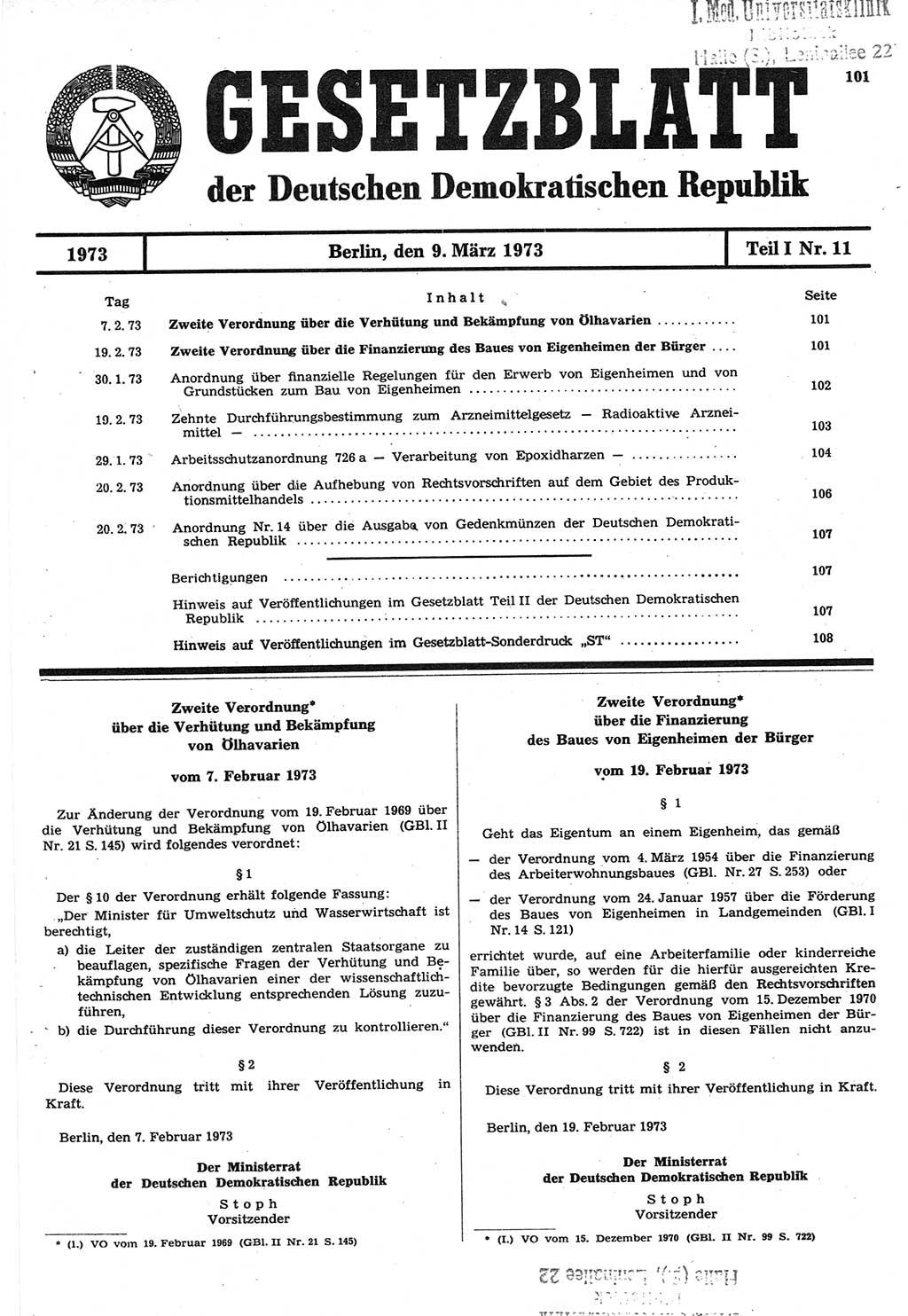 Gesetzblatt (GBl.) der Deutschen Demokratischen Republik (DDR) Teil Ⅰ 1973, Seite 101 (GBl. DDR Ⅰ 1973, S. 101)