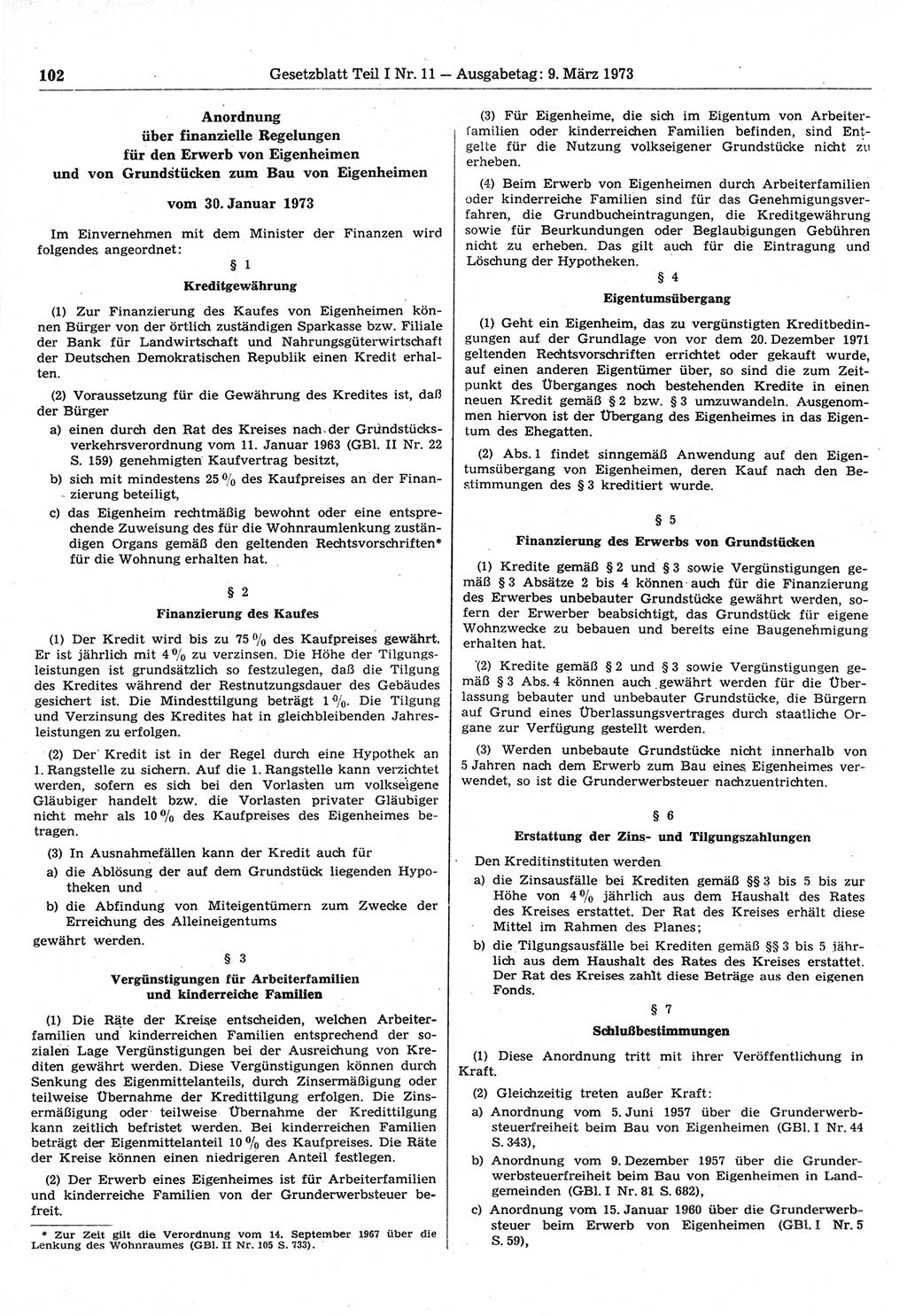 Gesetzblatt (GBl.) der Deutschen Demokratischen Republik (DDR) Teil Ⅰ 1973, Seite 102 (GBl. DDR Ⅰ 1973, S. 102)