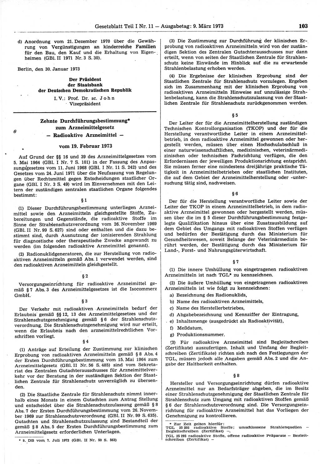 Gesetzblatt (GBl.) der Deutschen Demokratischen Republik (DDR) Teil Ⅰ 1973, Seite 103 (GBl. DDR Ⅰ 1973, S. 103)