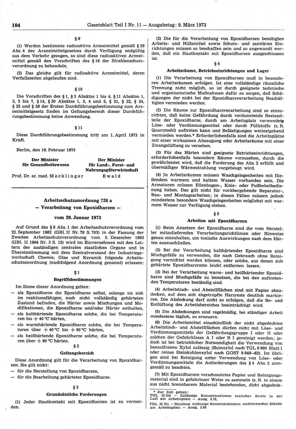 Gesetzblatt (GBl.) der Deutschen Demokratischen Republik (DDR) Teil Ⅰ 1973, Seite 104 (GBl. DDR Ⅰ 1973, S. 104)