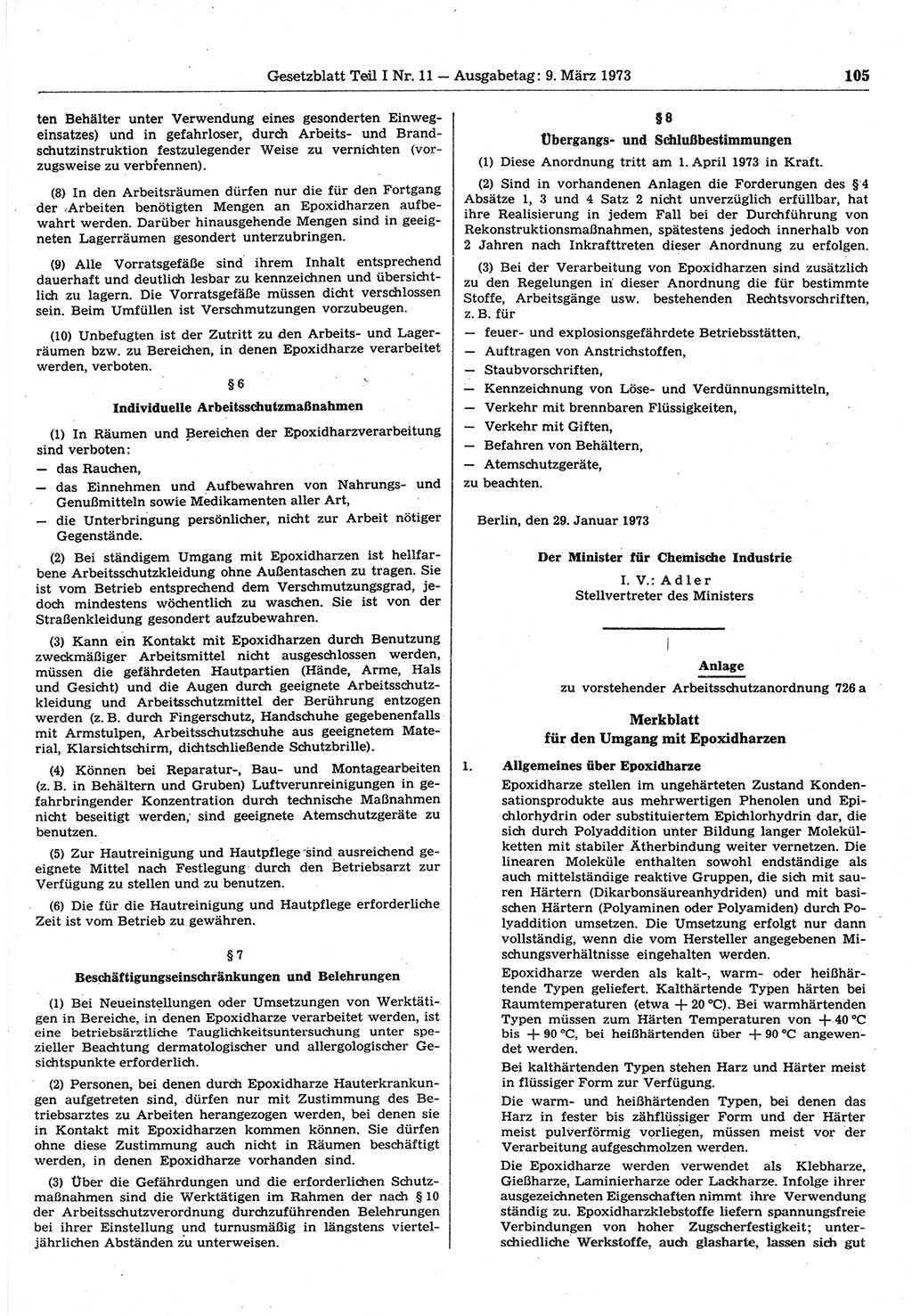 Gesetzblatt (GBl.) der Deutschen Demokratischen Republik (DDR) Teil Ⅰ 1973, Seite 105 (GBl. DDR Ⅰ 1973, S. 105)