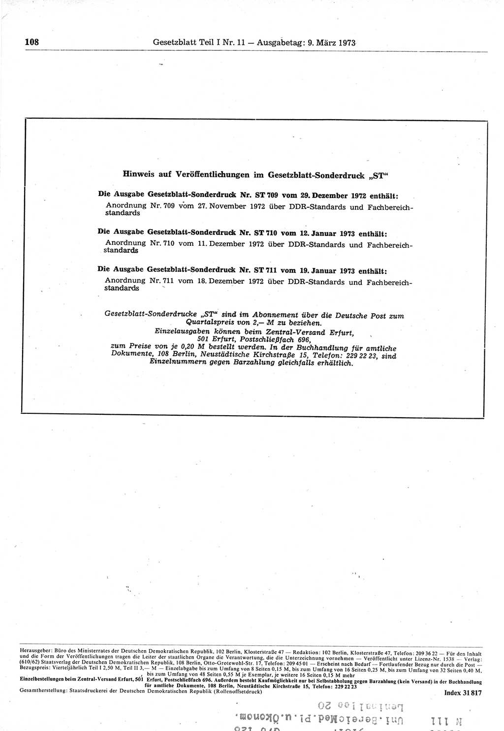 Gesetzblatt (GBl.) der Deutschen Demokratischen Republik (DDR) Teil Ⅰ 1973, Seite 108 (GBl. DDR Ⅰ 1973, S. 108)