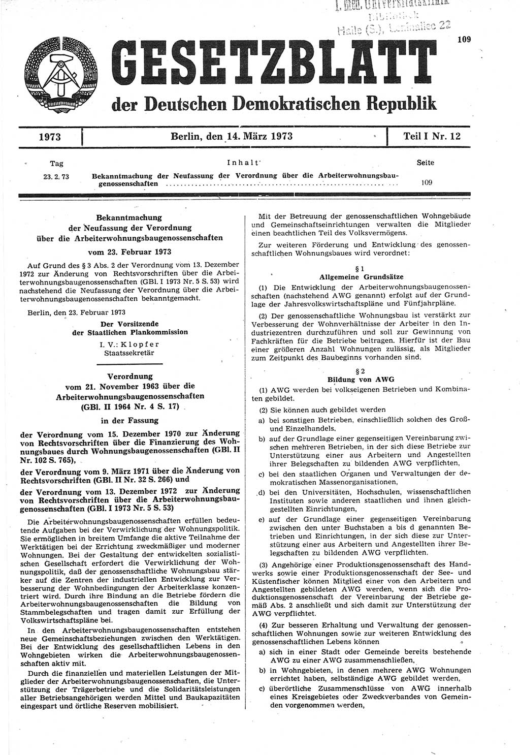 Gesetzblatt (GBl.) der Deutschen Demokratischen Republik (DDR) Teil Ⅰ 1973, Seite 109 (GBl. DDR Ⅰ 1973, S. 109)
