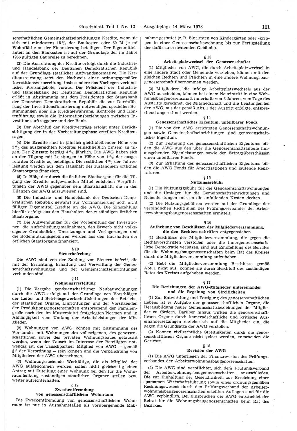 Gesetzblatt (GBl.) der Deutschen Demokratischen Republik (DDR) Teil Ⅰ 1973, Seite 111 (GBl. DDR Ⅰ 1973, S. 111)
