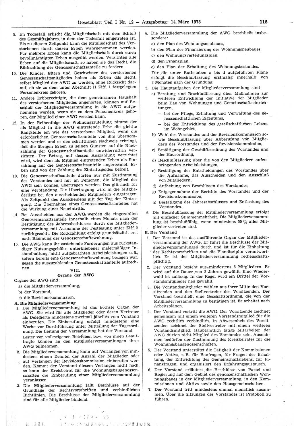 Gesetzblatt (GBl.) der Deutschen Demokratischen Republik (DDR) Teil Ⅰ 1973, Seite 115 (GBl. DDR Ⅰ 1973, S. 115)