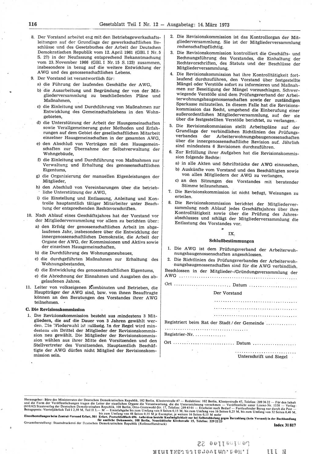 Gesetzblatt (GBl.) der Deutschen Demokratischen Republik (DDR) Teil Ⅰ 1973, Seite 116 (GBl. DDR Ⅰ 1973, S. 116)