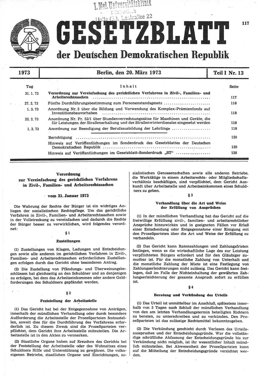 Gesetzblatt (GBl.) der Deutschen Demokratischen Republik (DDR) Teil Ⅰ 1973, Seite 117 (GBl. DDR Ⅰ 1973, S. 117)