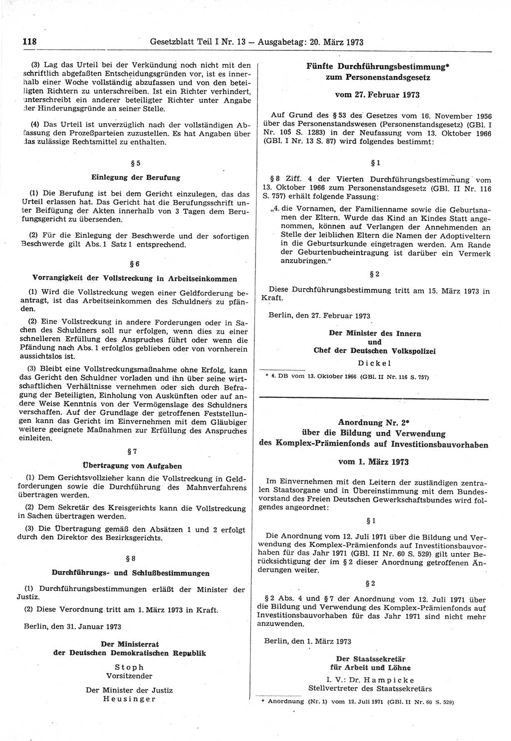 Gesetzblatt (GBl.) der Deutschen Demokratischen Republik (DDR) Teil Ⅰ 1973, Seite 118 (GBl. DDR Ⅰ 1973, S. 118)