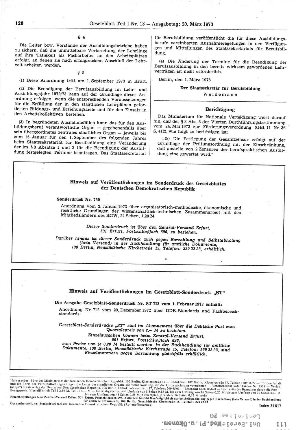 Gesetzblatt (GBl.) der Deutschen Demokratischen Republik (DDR) Teil Ⅰ 1973, Seite 120 (GBl. DDR Ⅰ 1973, S. 120)