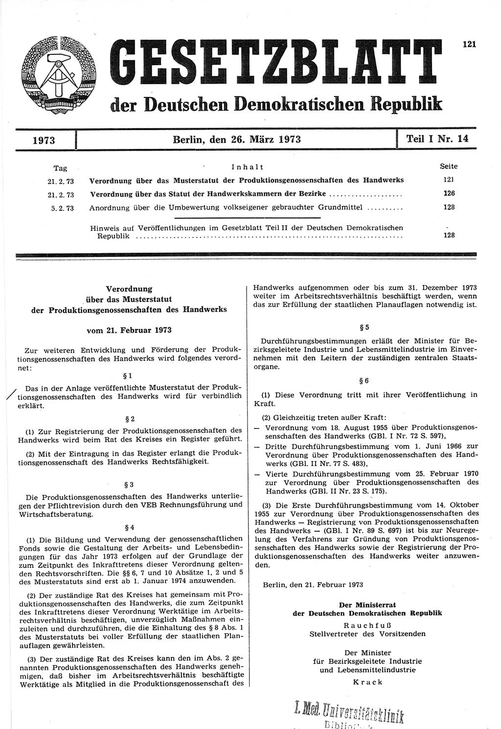 Gesetzblatt (GBl.) der Deutschen Demokratischen Republik (DDR) Teil Ⅰ 1973, Seite 121 (GBl. DDR Ⅰ 1973, S. 121)