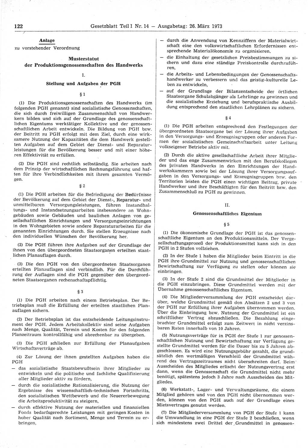 Gesetzblatt (GBl.) der Deutschen Demokratischen Republik (DDR) Teil Ⅰ 1973, Seite 122 (GBl. DDR Ⅰ 1973, S. 122)