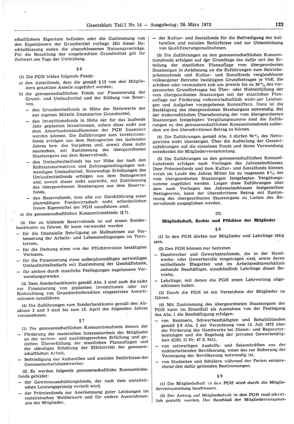 Gesetzblatt (GBl.) der Deutschen Demokratischen Republik (DDR) Teil Ⅰ 1973, Seite 123 (GBl. DDR Ⅰ 1973, S. 123)
