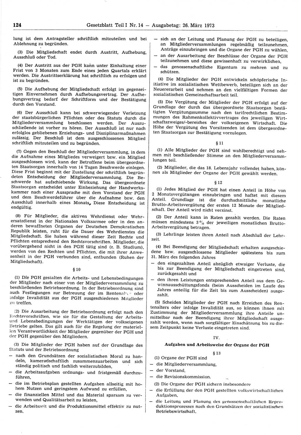 Gesetzblatt (GBl.) der Deutschen Demokratischen Republik (DDR) Teil Ⅰ 1973, Seite 124 (GBl. DDR Ⅰ 1973, S. 124)