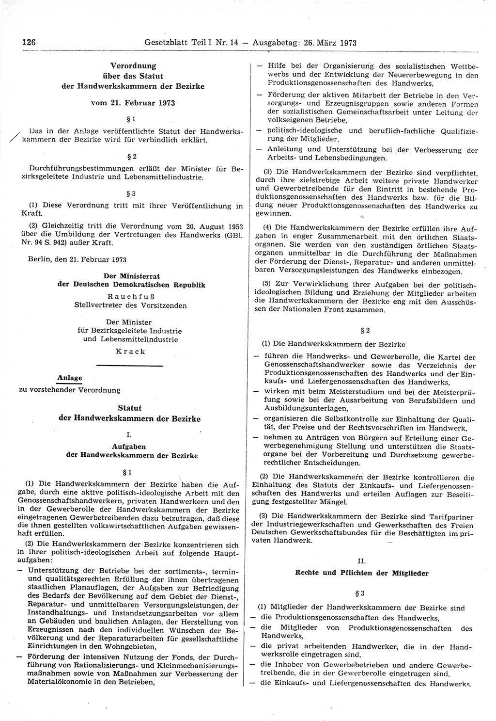 Gesetzblatt (GBl.) der Deutschen Demokratischen Republik (DDR) Teil Ⅰ 1973, Seite 126 (GBl. DDR Ⅰ 1973, S. 126)