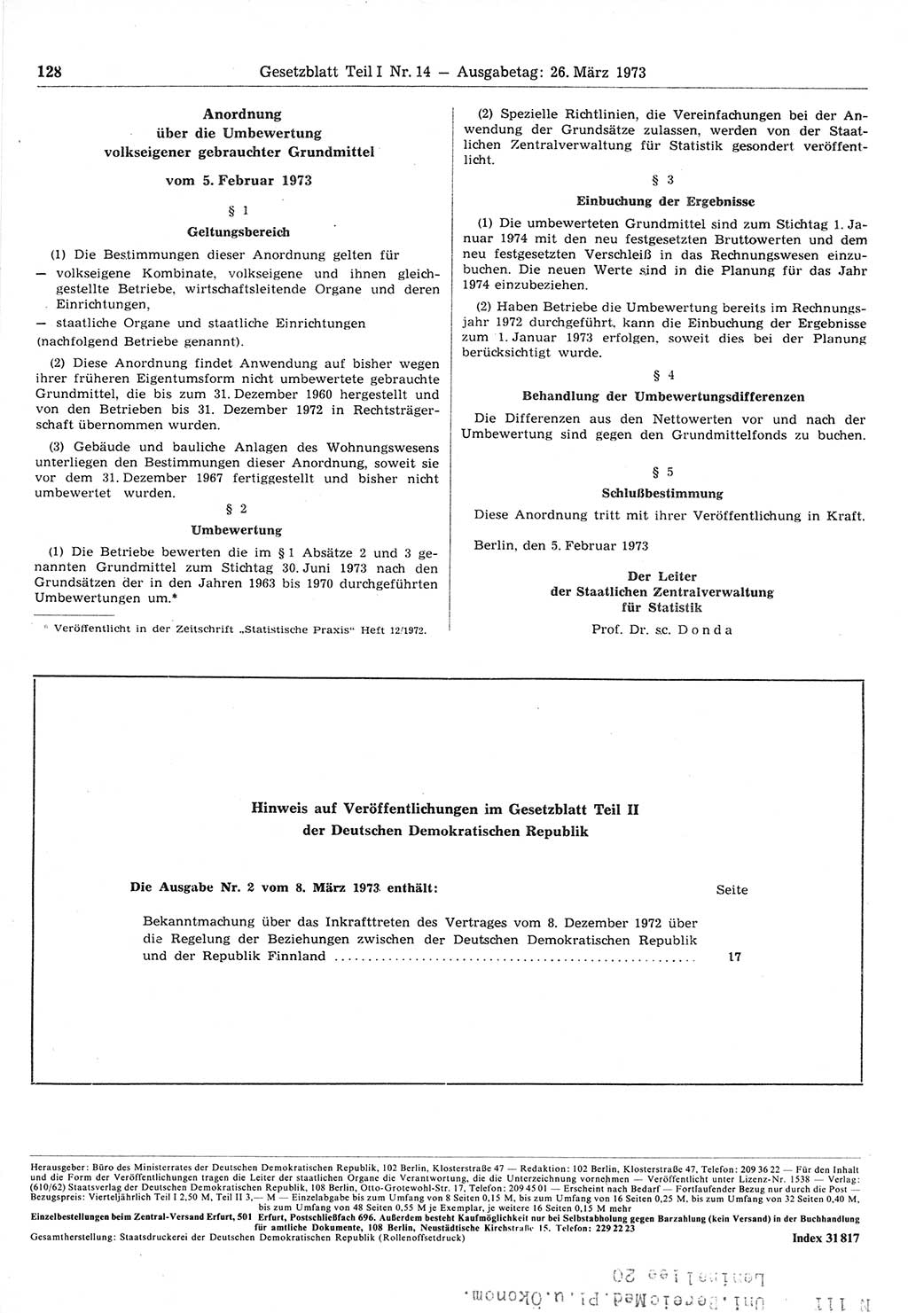 Gesetzblatt (GBl.) der Deutschen Demokratischen Republik (DDR) Teil Ⅰ 1973, Seite 128 (GBl. DDR Ⅰ 1973, S. 128)