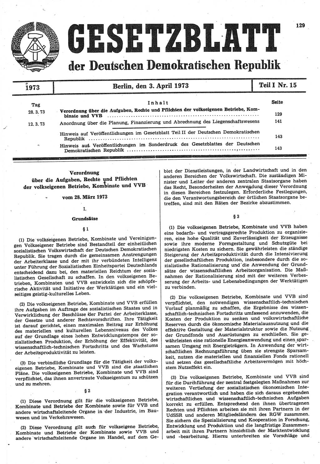 Gesetzblatt (GBl.) der Deutschen Demokratischen Republik (DDR) Teil Ⅰ 1973, Seite 129 (GBl. DDR Ⅰ 1973, S. 129)