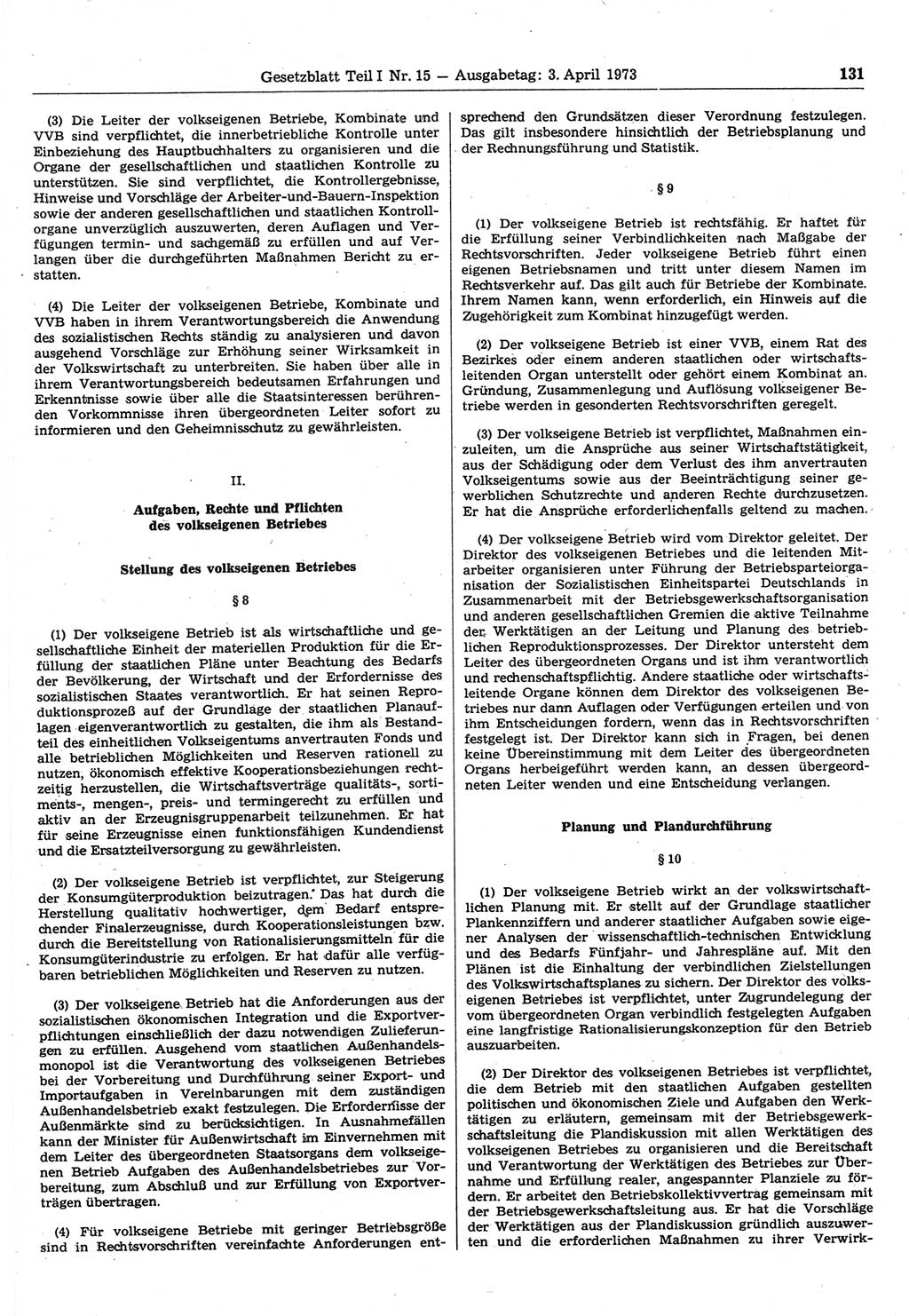Gesetzblatt (GBl.) der Deutschen Demokratischen Republik (DDR) Teil Ⅰ 1973, Seite 131 (GBl. DDR Ⅰ 1973, S. 131)