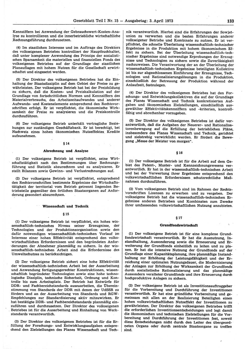 Gesetzblatt (GBl.) der Deutschen Demokratischen Republik (DDR) Teil Ⅰ 1973, Seite 133 (GBl. DDR Ⅰ 1973, S. 133)