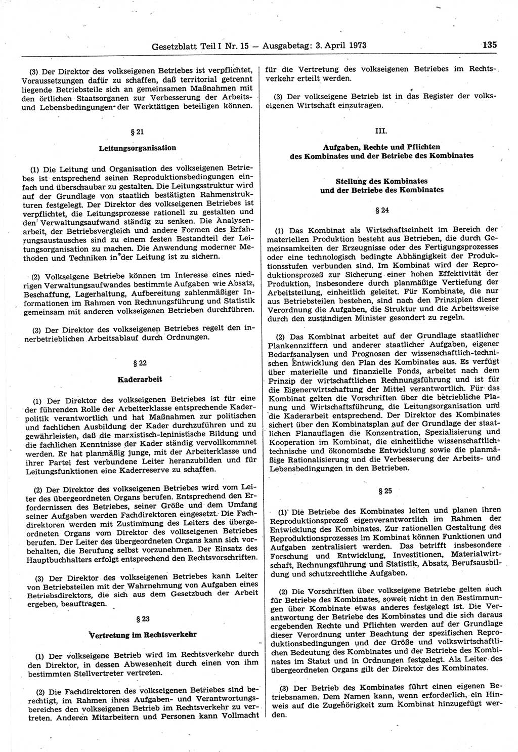 Gesetzblatt (GBl.) der Deutschen Demokratischen Republik (DDR) Teil Ⅰ 1973, Seite 135 (GBl. DDR Ⅰ 1973, S. 135)