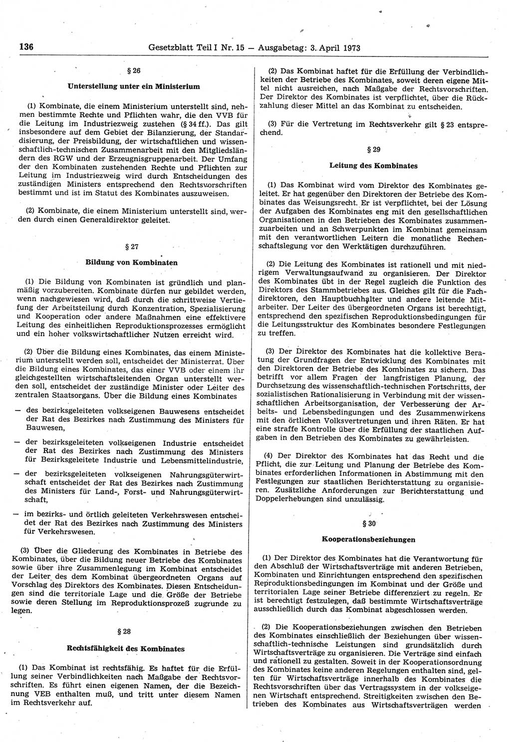 Gesetzblatt (GBl.) der Deutschen Demokratischen Republik (DDR) Teil Ⅰ 1973, Seite 136 (GBl. DDR Ⅰ 1973, S. 136)