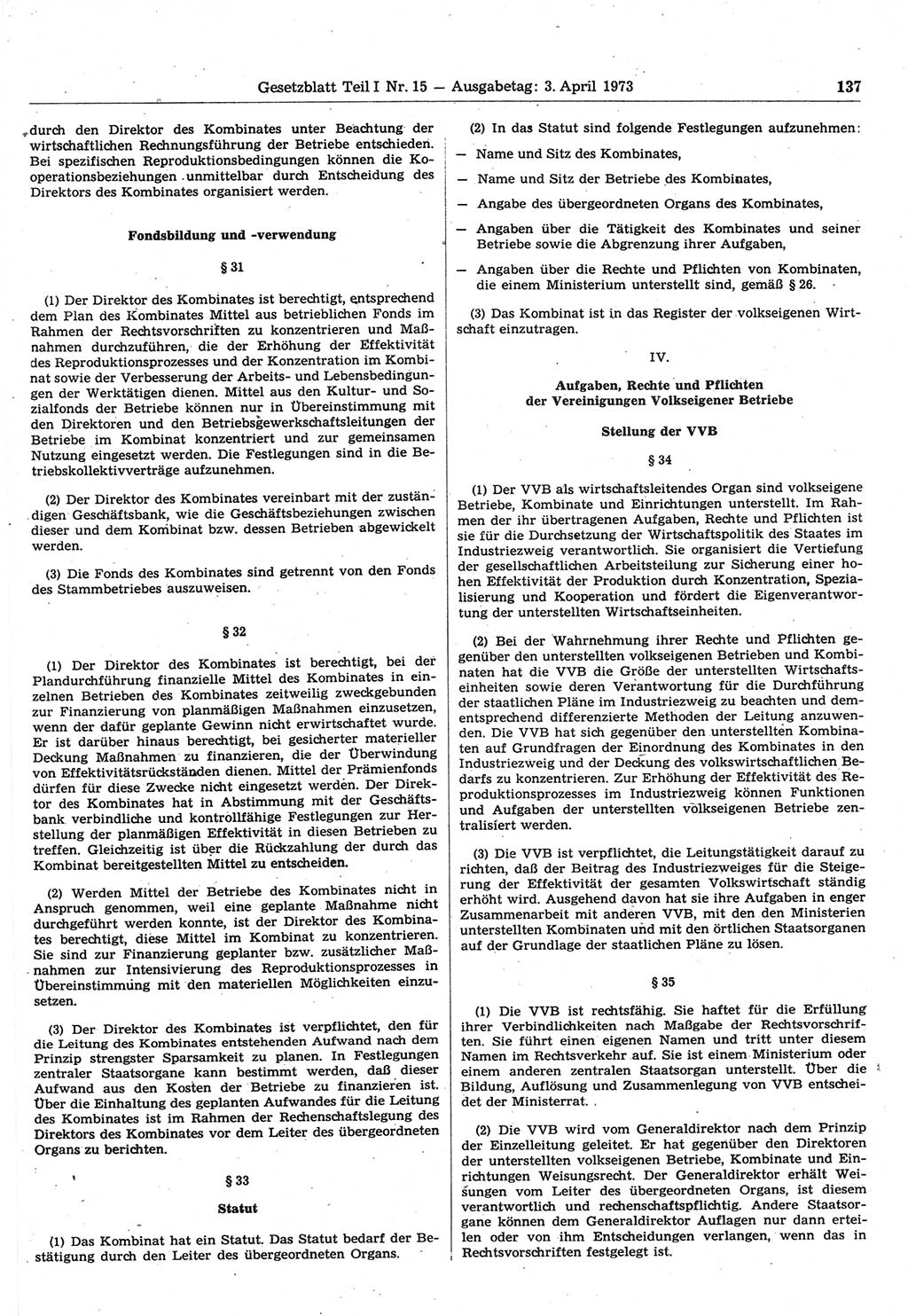 Gesetzblatt (GBl.) der Deutschen Demokratischen Republik (DDR) Teil Ⅰ 1973, Seite 137 (GBl. DDR Ⅰ 1973, S. 137)