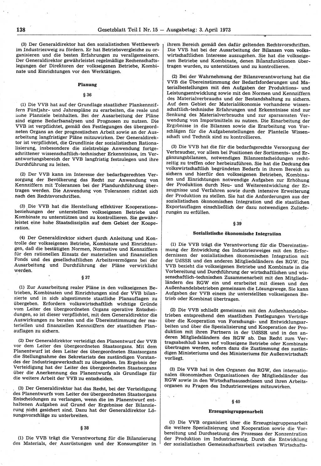 Gesetzblatt (GBl.) der Deutschen Demokratischen Republik (DDR) Teil Ⅰ 1973, Seite 138 (GBl. DDR Ⅰ 1973, S. 138)