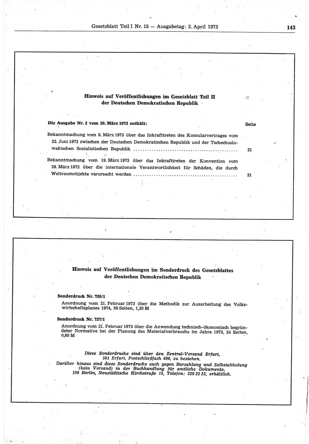 Gesetzblatt (GBl.) der Deutschen Demokratischen Republik (DDR) Teil Ⅰ 1973, Seite 143 (GBl. DDR Ⅰ 1973, S. 143)
