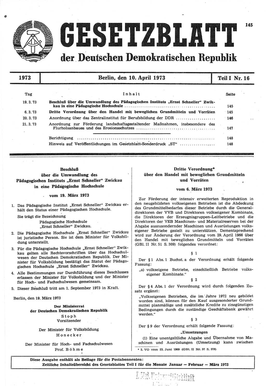 Gesetzblatt (GBl.) der Deutschen Demokratischen Republik (DDR) Teil Ⅰ 1973, Seite 145 (GBl. DDR Ⅰ 1973, S. 145)