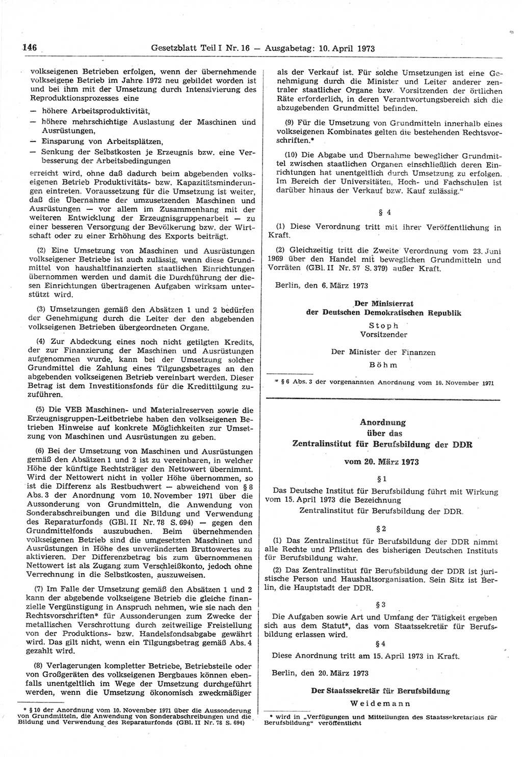 Gesetzblatt (GBl.) der Deutschen Demokratischen Republik (DDR) Teil Ⅰ 1973, Seite 146 (GBl. DDR Ⅰ 1973, S. 146)