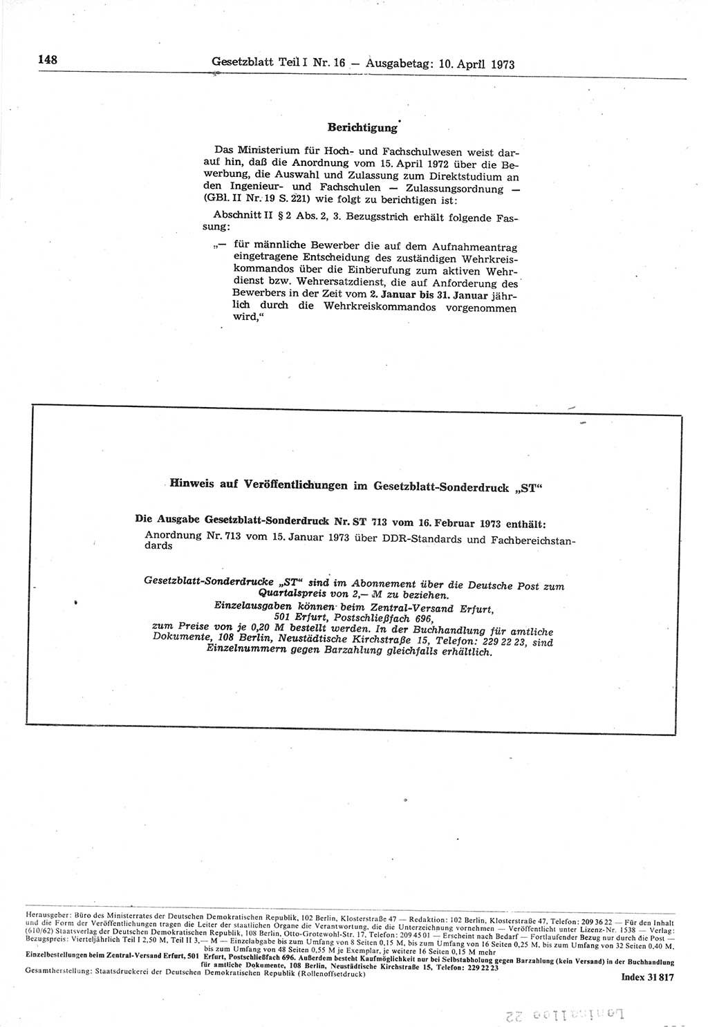 Gesetzblatt (GBl.) der Deutschen Demokratischen Republik (DDR) Teil Ⅰ 1973, Seite 148 (GBl. DDR Ⅰ 1973, S. 148)