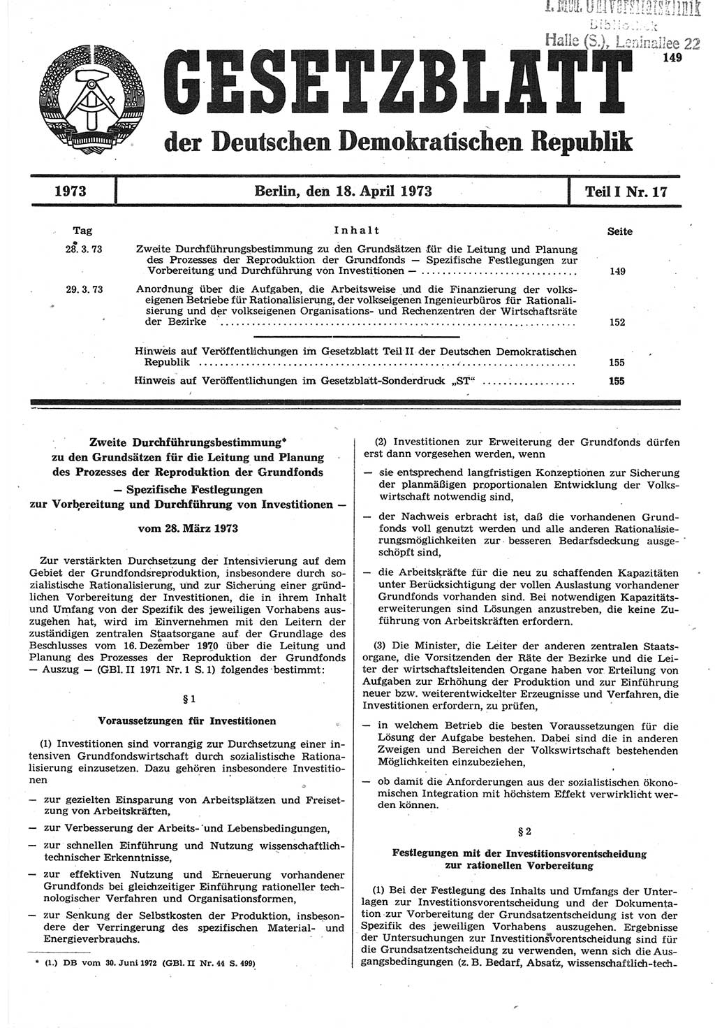 Gesetzblatt (GBl.) der Deutschen Demokratischen Republik (DDR) Teil Ⅰ 1973, Seite 149 (GBl. DDR Ⅰ 1973, S. 149)