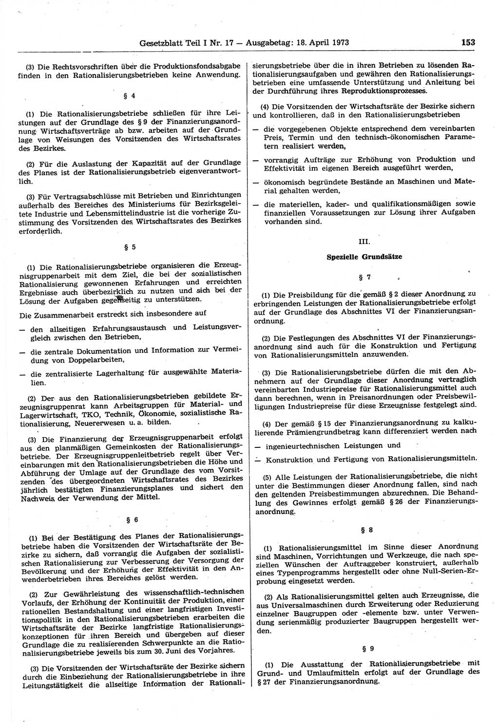 Gesetzblatt (GBl.) der Deutschen Demokratischen Republik (DDR) Teil Ⅰ 1973, Seite 153 (GBl. DDR Ⅰ 1973, S. 153)