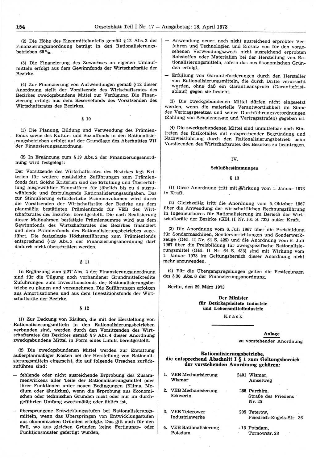Gesetzblatt (GBl.) der Deutschen Demokratischen Republik (DDR) Teil Ⅰ 1973, Seite 154 (GBl. DDR Ⅰ 1973, S. 154)