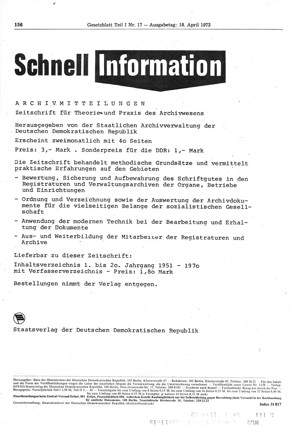 Gesetzblatt (GBl.) der Deutschen Demokratischen Republik (DDR) Teil Ⅰ 1973, Seite 156 (GBl. DDR Ⅰ 1973, S. 156)