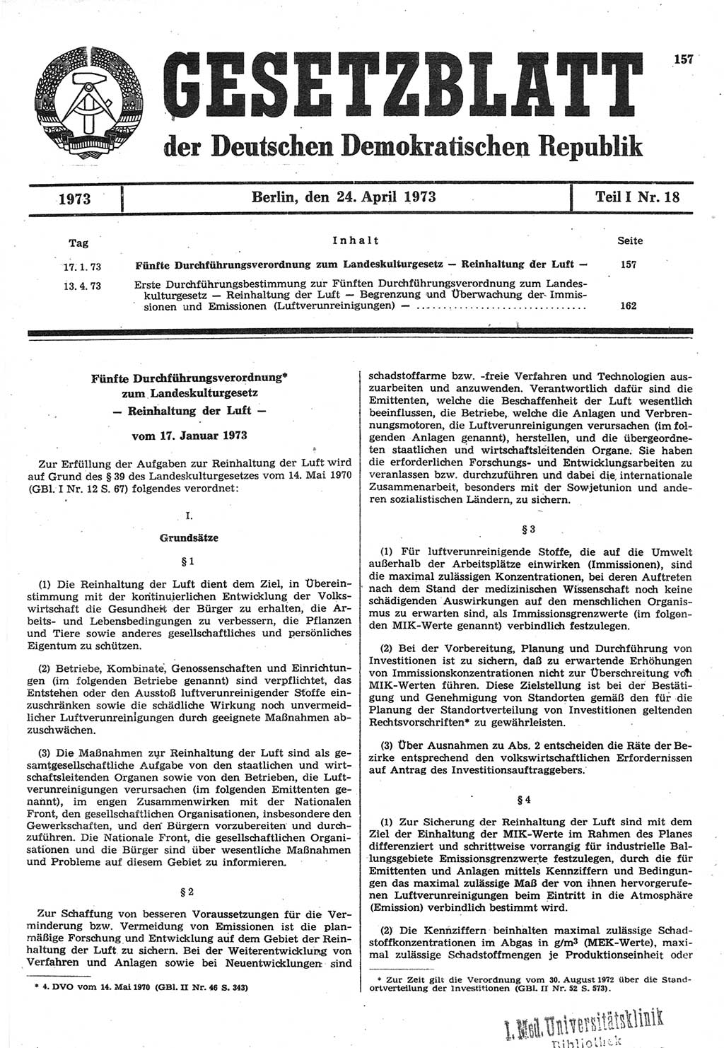 Gesetzblatt (GBl.) der Deutschen Demokratischen Republik (DDR) Teil Ⅰ 1973, Seite 157 (GBl. DDR Ⅰ 1973, S. 157)