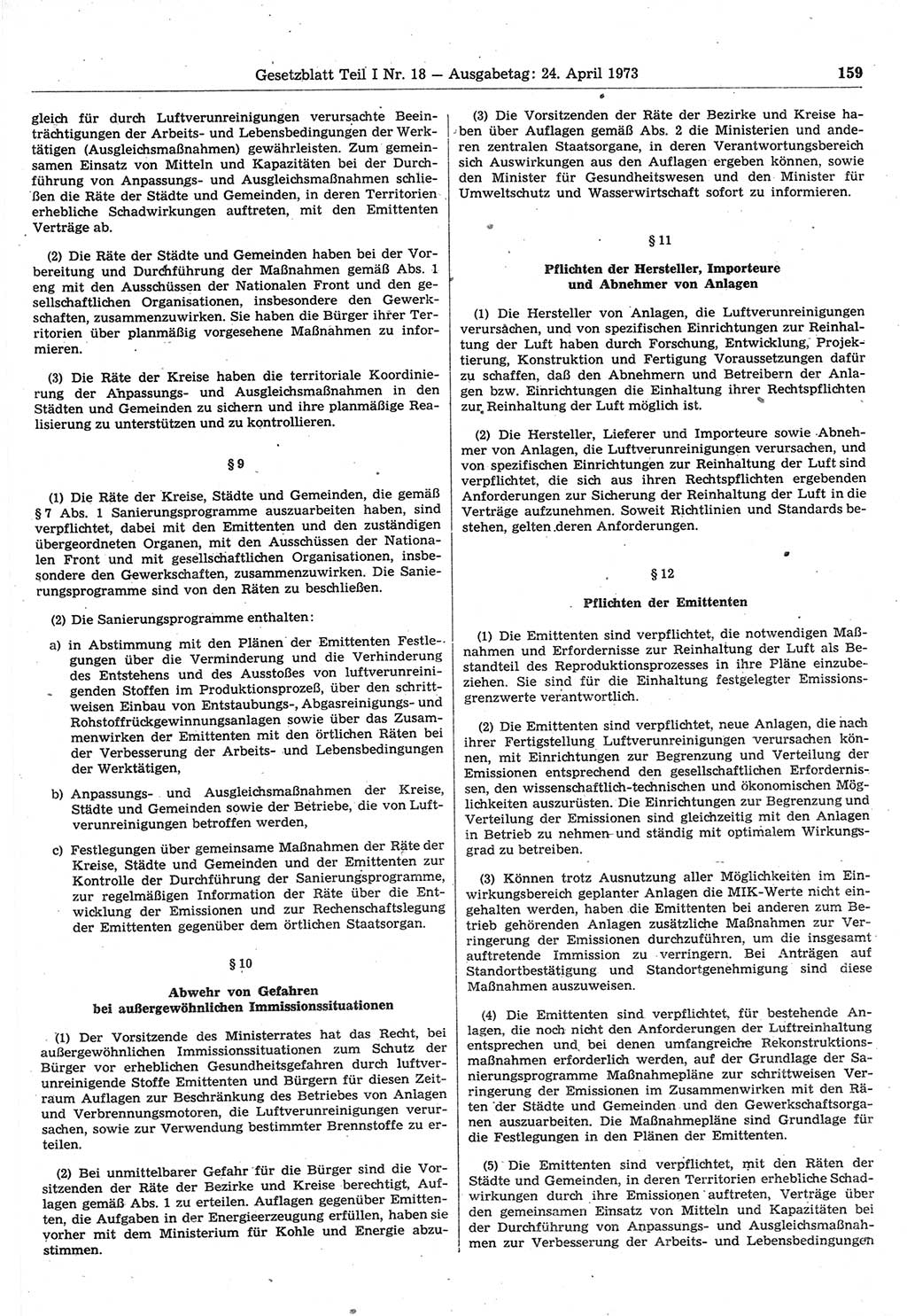 Gesetzblatt (GBl.) der Deutschen Demokratischen Republik (DDR) Teil Ⅰ 1973, Seite 159 (GBl. DDR Ⅰ 1973, S. 159)