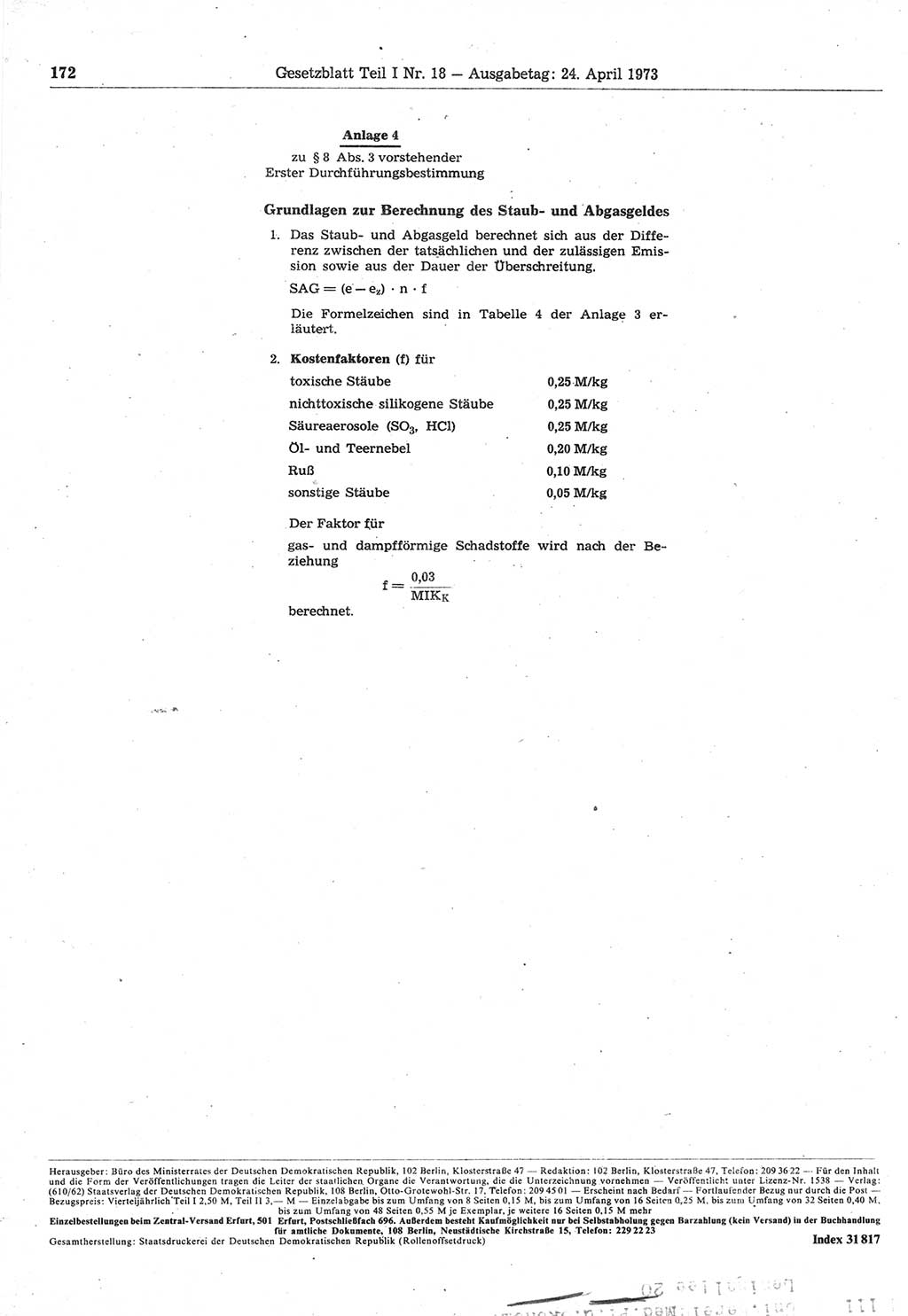 Gesetzblatt (GBl.) der Deutschen Demokratischen Republik (DDR) Teil Ⅰ 1973, Seite 172 (GBl. DDR Ⅰ 1973, S. 172)