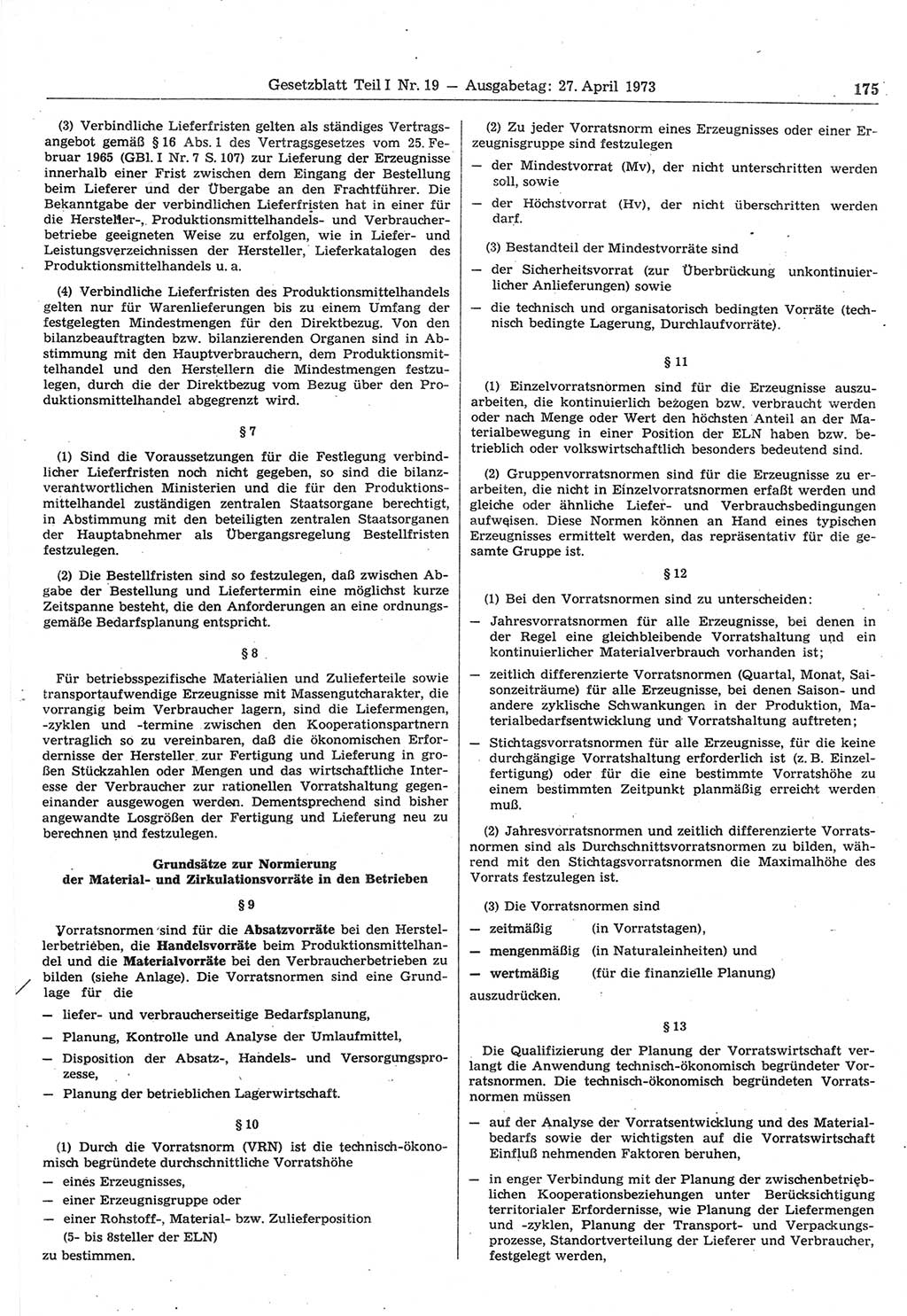 Gesetzblatt (GBl.) der Deutschen Demokratischen Republik (DDR) Teil Ⅰ 1973, Seite 175 (GBl. DDR Ⅰ 1973, S. 175)
