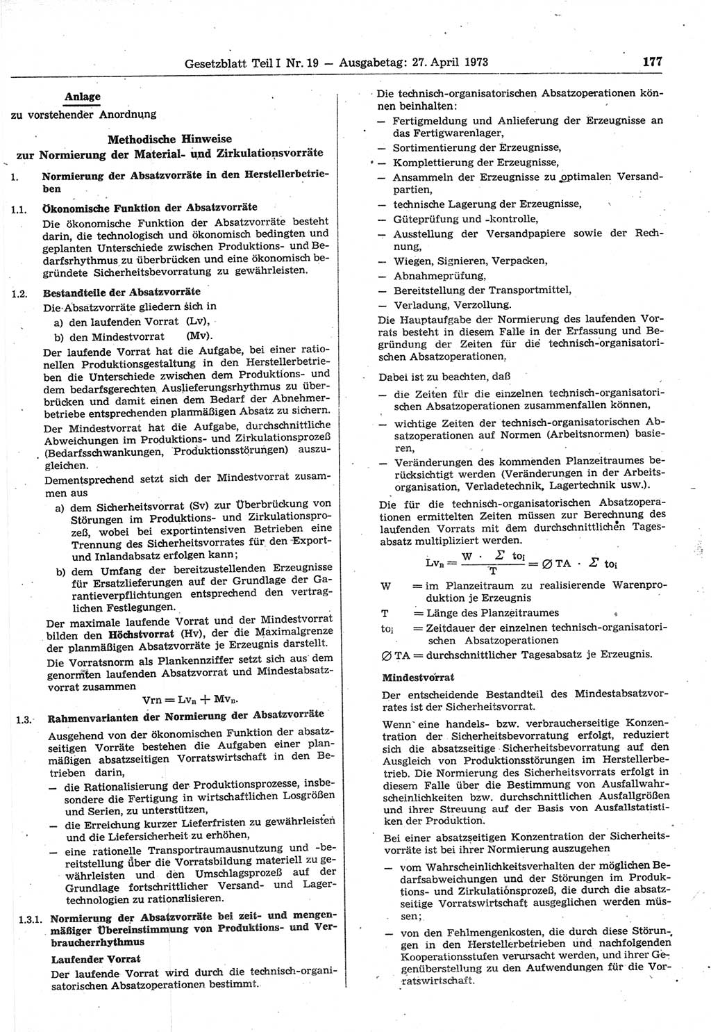 Gesetzblatt (GBl.) der Deutschen Demokratischen Republik (DDR) Teil Ⅰ 1973, Seite 177 (GBl. DDR Ⅰ 1973, S. 177)
