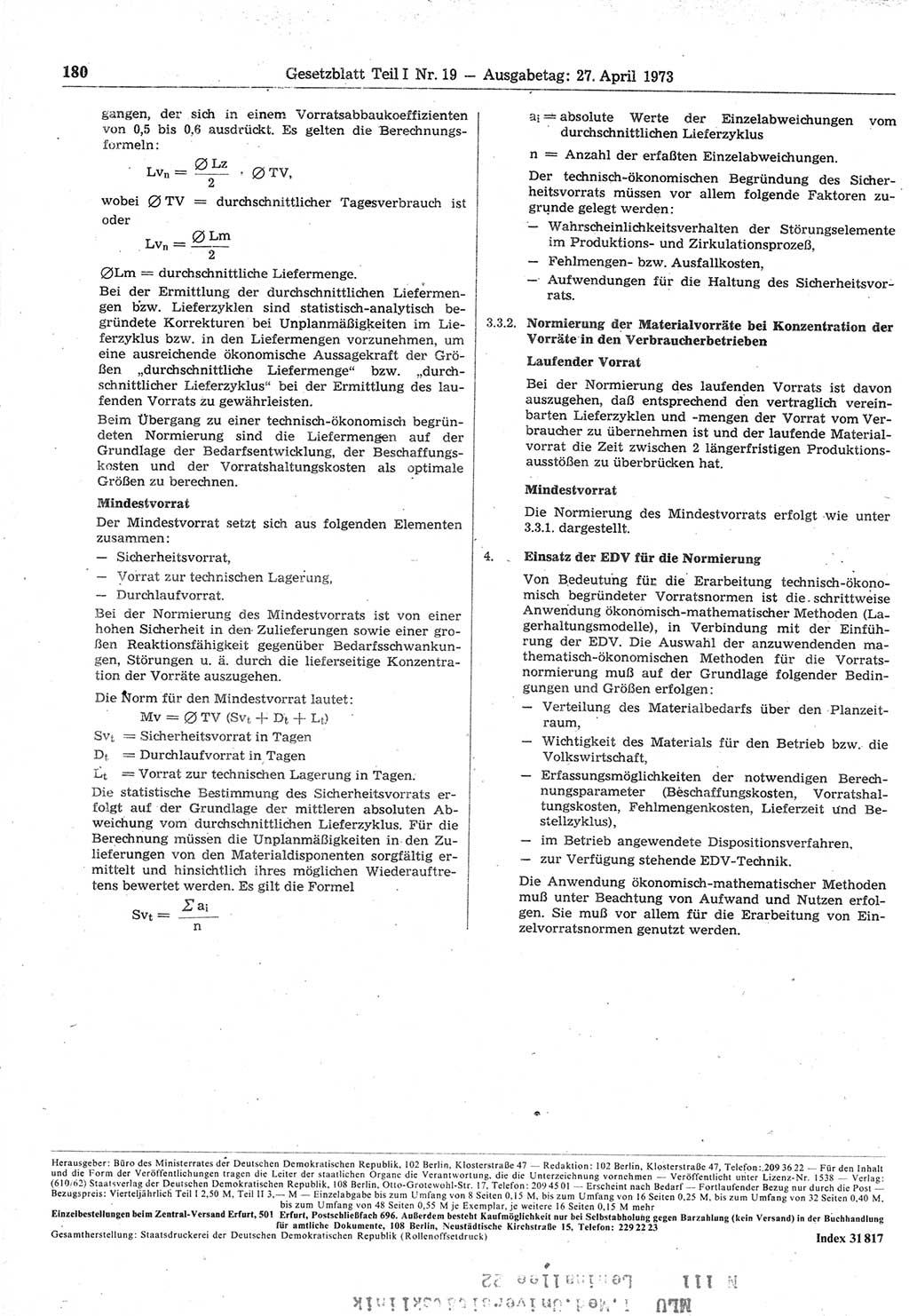 Gesetzblatt (GBl.) der Deutschen Demokratischen Republik (DDR) Teil Ⅰ 1973, Seite 180 (GBl. DDR Ⅰ 1973, S. 180)