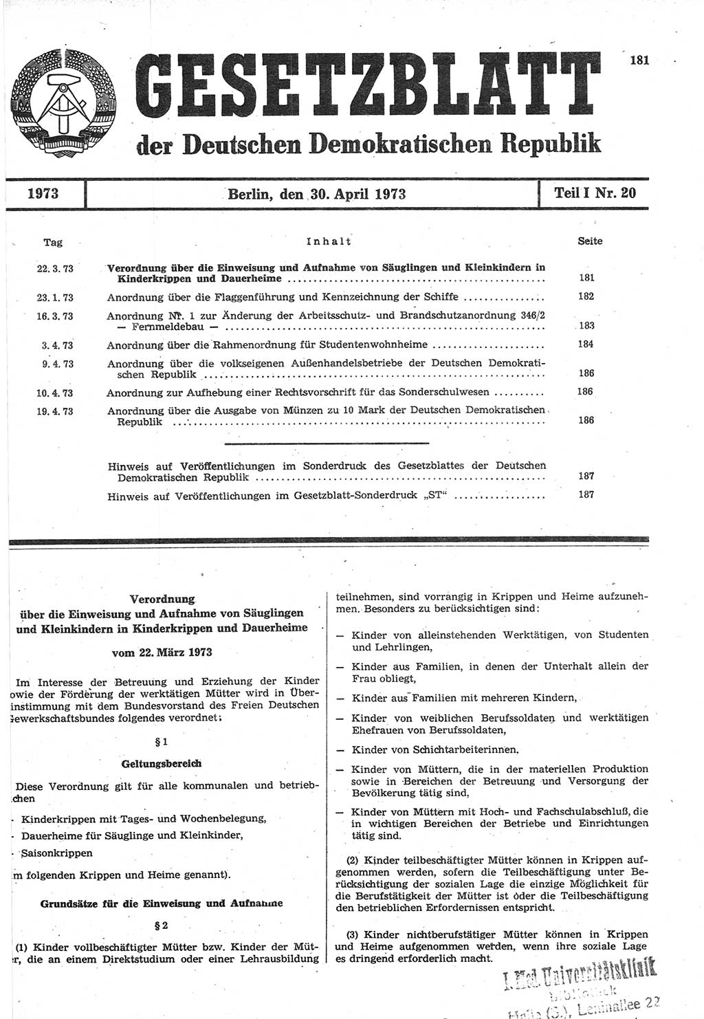 Gesetzblatt (GBl.) der Deutschen Demokratischen Republik (DDR) Teil Ⅰ 1973, Seite 181 (GBl. DDR Ⅰ 1973, S. 181)