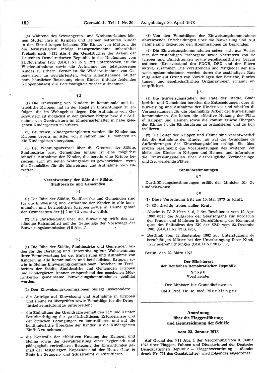 Gesetzblatt (GBl.) der Deutschen Demokratischen Republik (DDR) Teil Ⅰ 1973, Seite 182 (GBl. DDR Ⅰ 1973, S. 182)