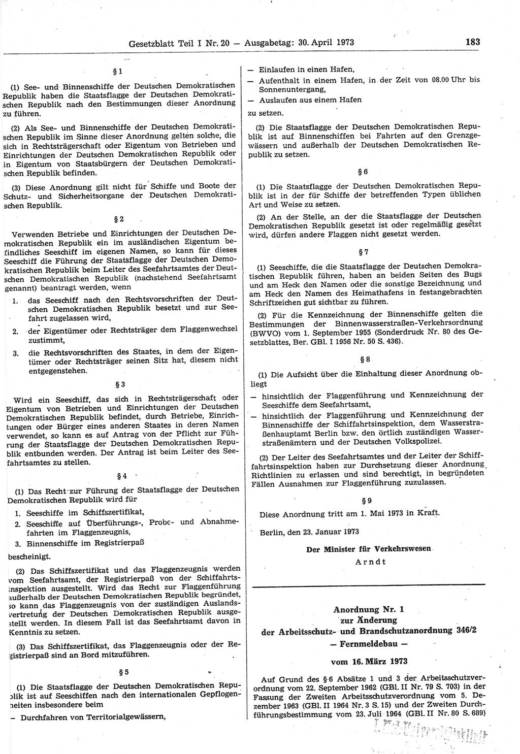 Gesetzblatt (GBl.) der Deutschen Demokratischen Republik (DDR) Teil Ⅰ 1973, Seite 183 (GBl. DDR Ⅰ 1973, S. 183)