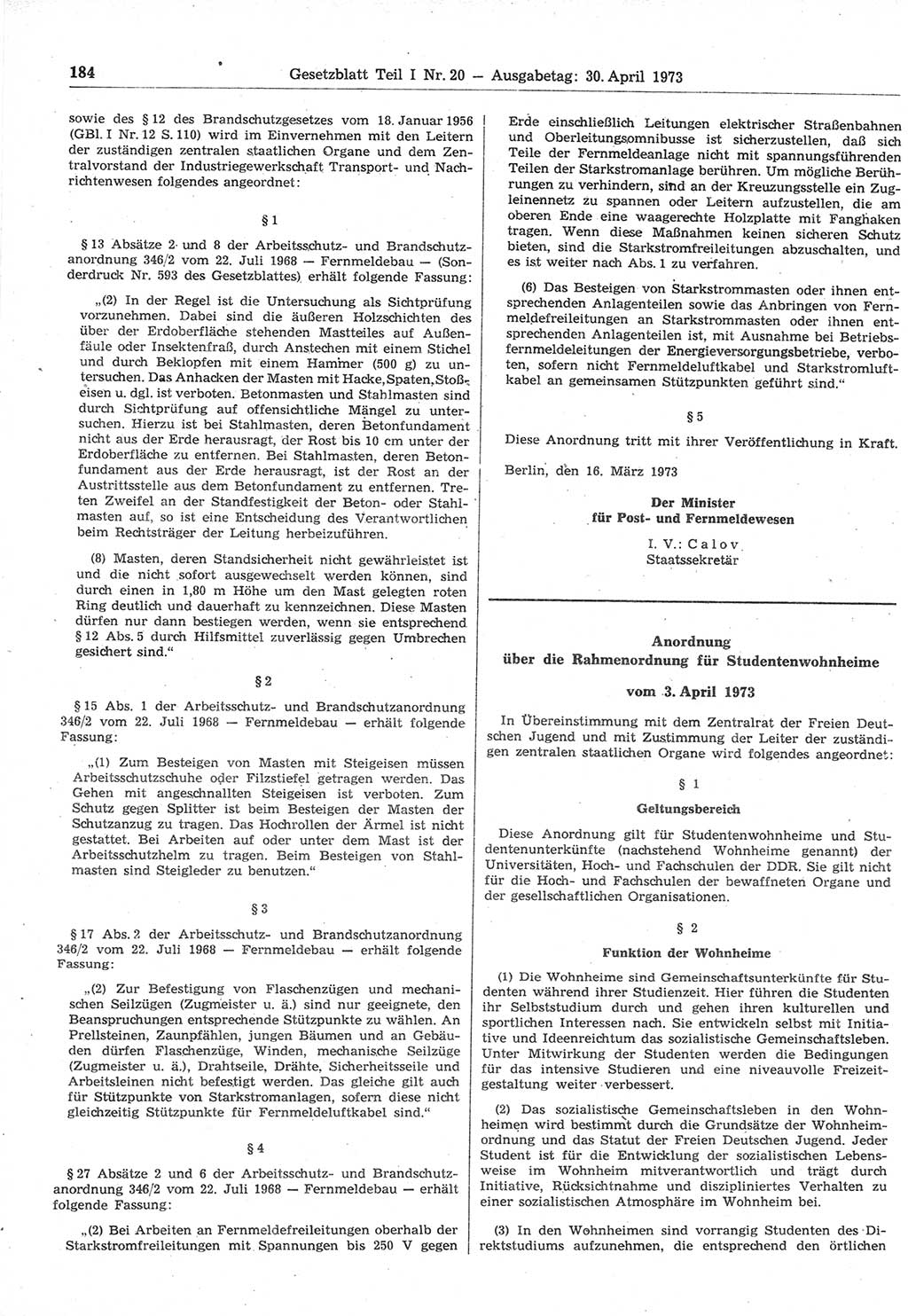 Gesetzblatt (GBl.) der Deutschen Demokratischen Republik (DDR) Teil Ⅰ 1973, Seite 184 (GBl. DDR Ⅰ 1973, S. 184)