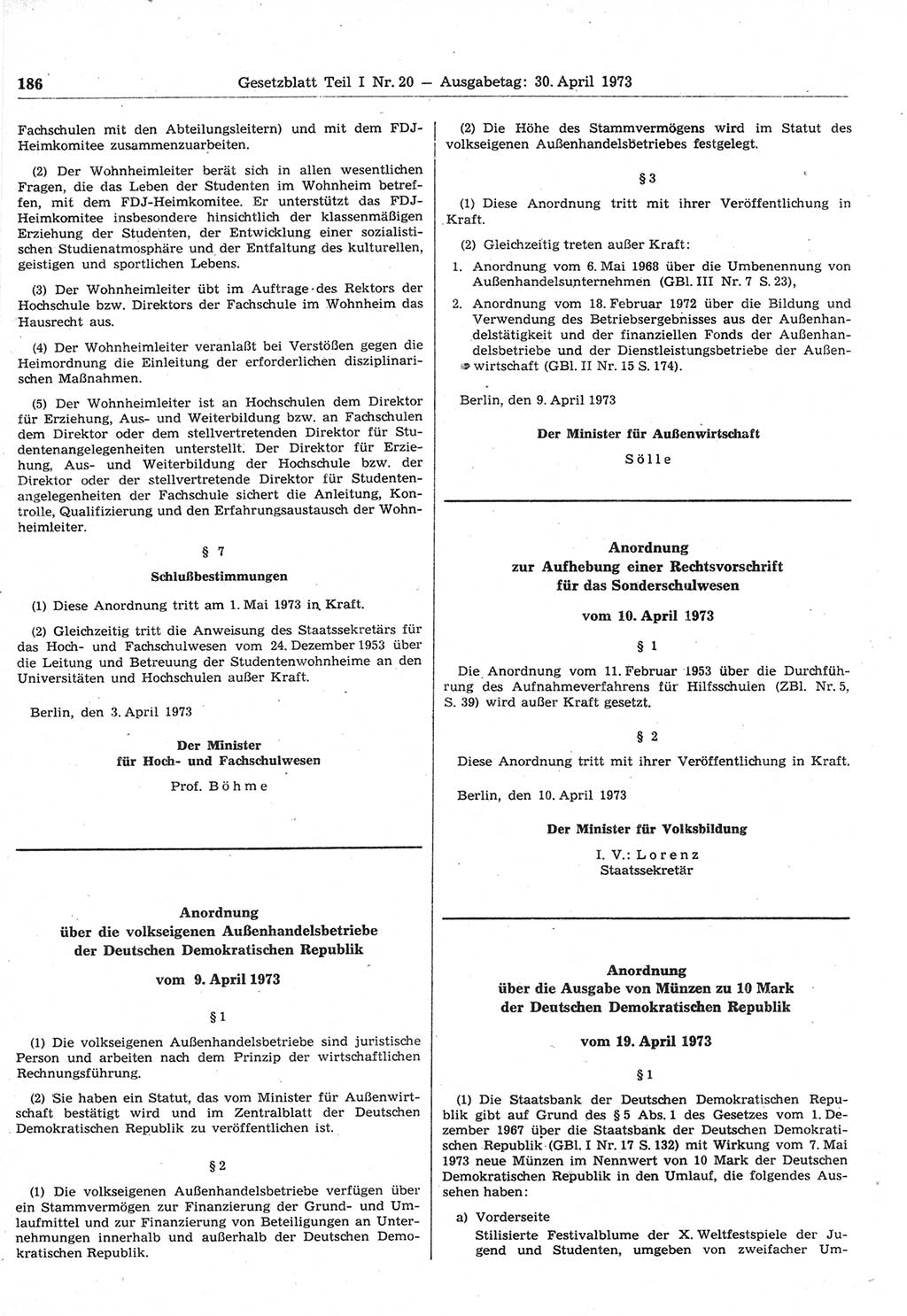 Gesetzblatt (GBl.) der Deutschen Demokratischen Republik (DDR) Teil Ⅰ 1973, Seite 186 (GBl. DDR Ⅰ 1973, S. 186)
