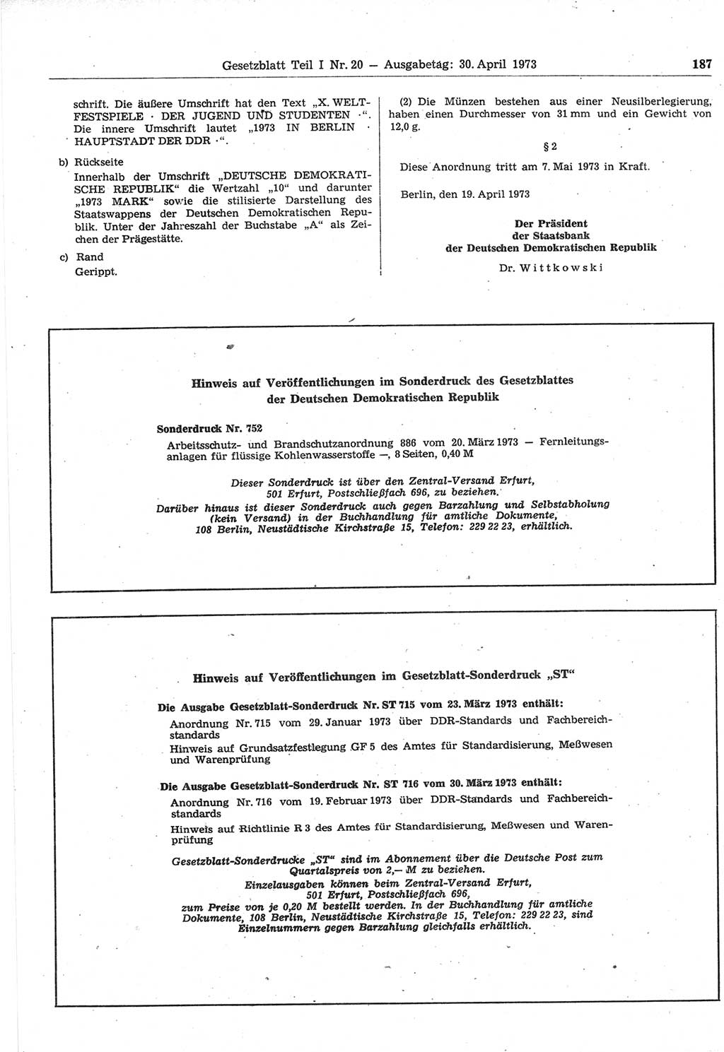 Gesetzblatt (GBl.) der Deutschen Demokratischen Republik (DDR) Teil Ⅰ 1973, Seite 187 (GBl. DDR Ⅰ 1973, S. 187)