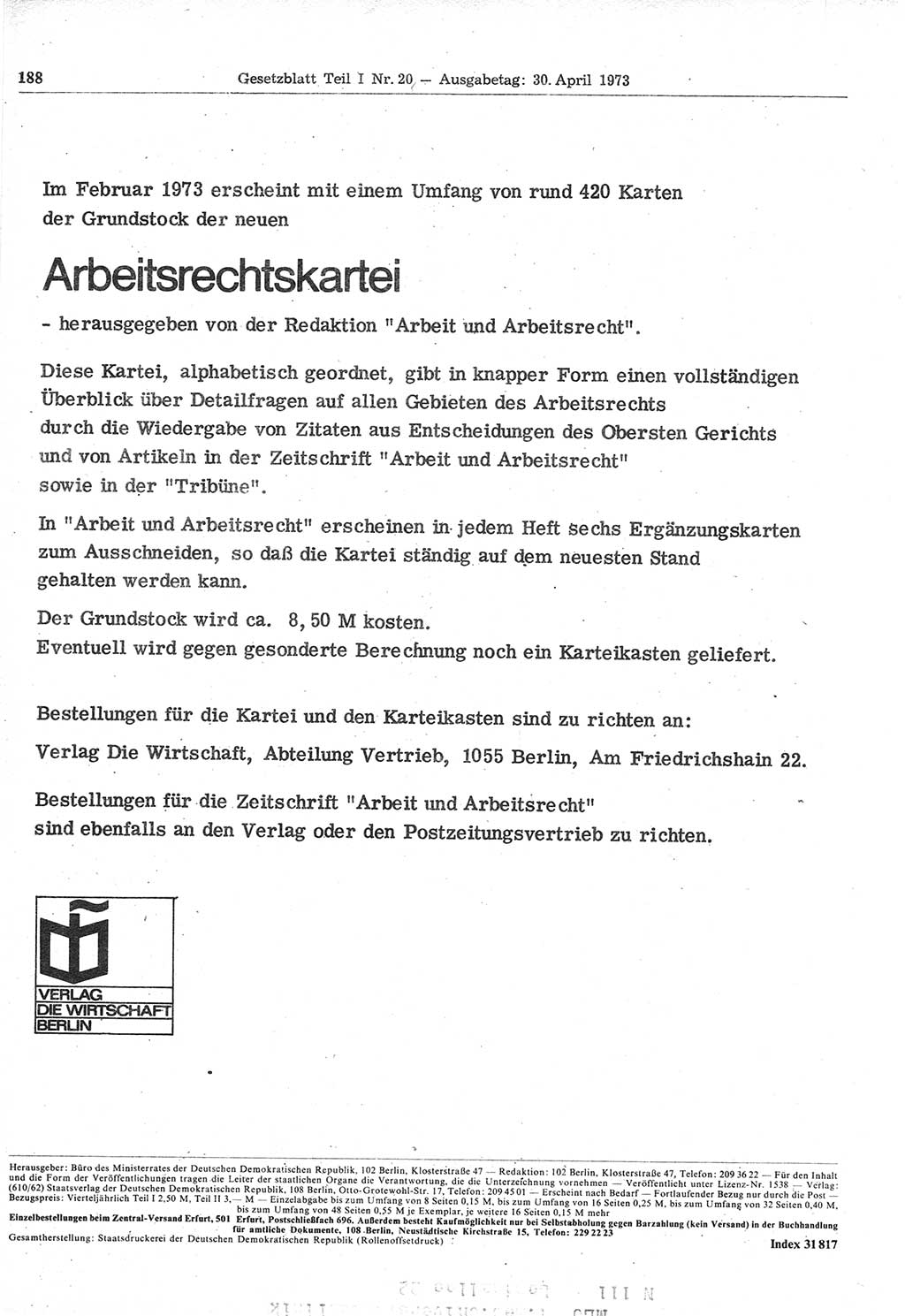 Gesetzblatt (GBl.) der Deutschen Demokratischen Republik (DDR) Teil Ⅰ 1973, Seite 188 (GBl. DDR Ⅰ 1973, S. 188)